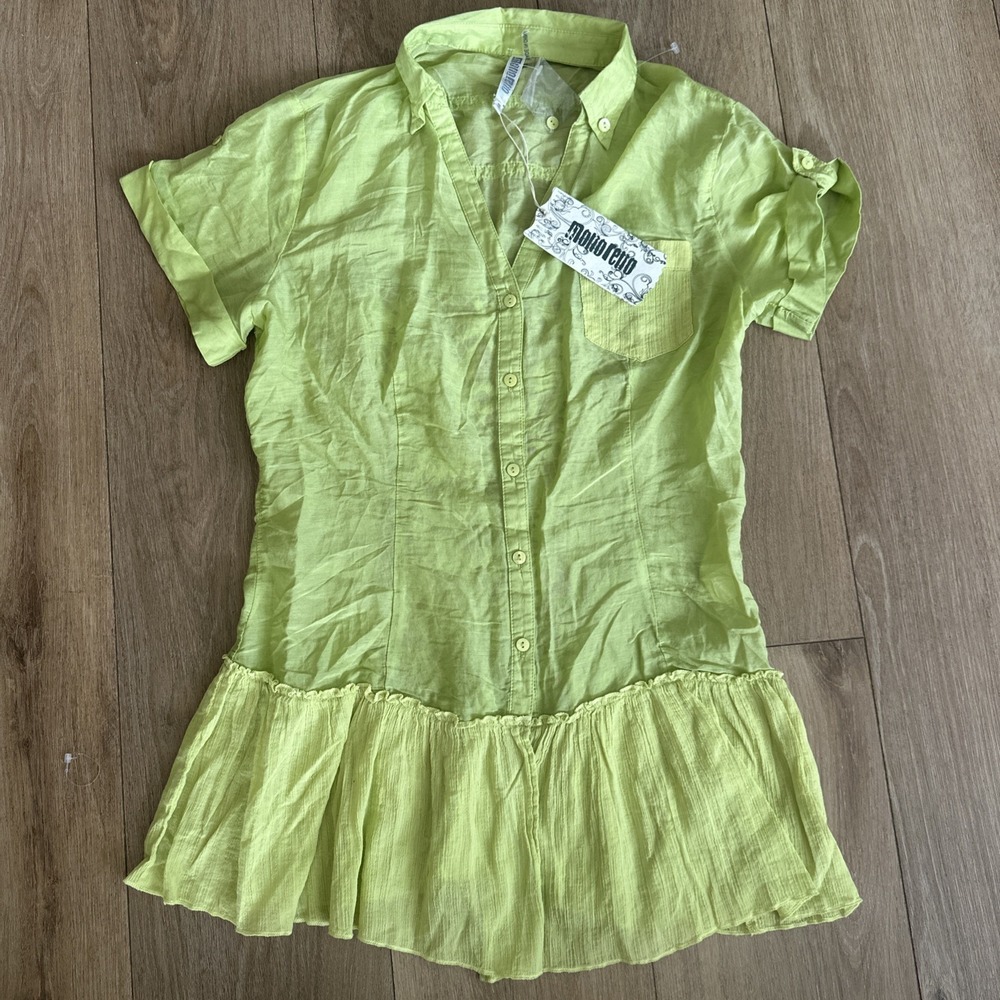 Monoreno Women's Silk Blend SS Roll Tab Button Lace Back Ruffle Shirt Med‎ Boho